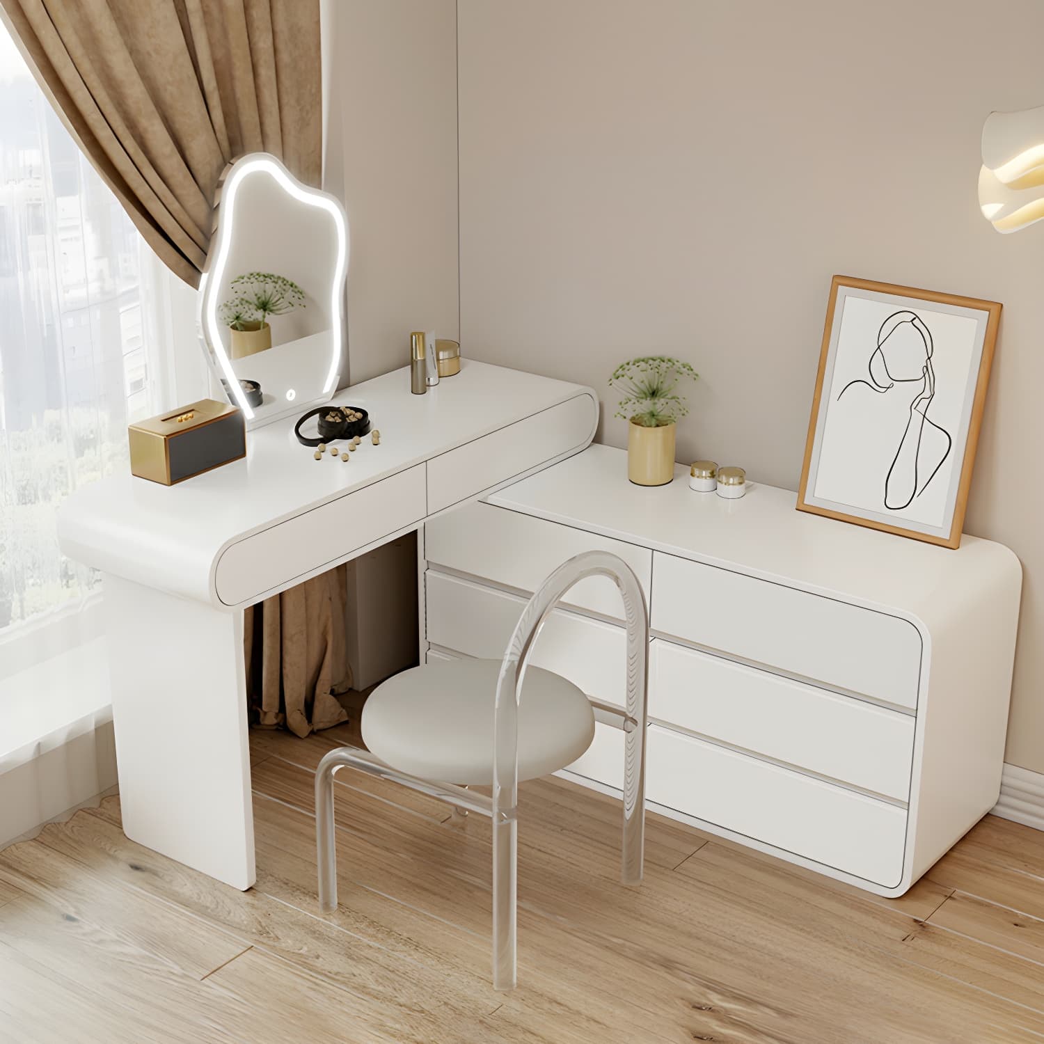 Modern White Wooden Makeup Vanity With Soft Close Drawers & Easy Assembly, Standard Width thumbnail 7