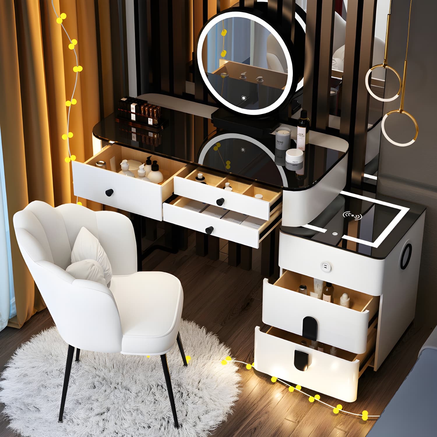 Lighted Mirror Wood Makeup Dressing Table Stool Set in Black/ White thumbnail 5