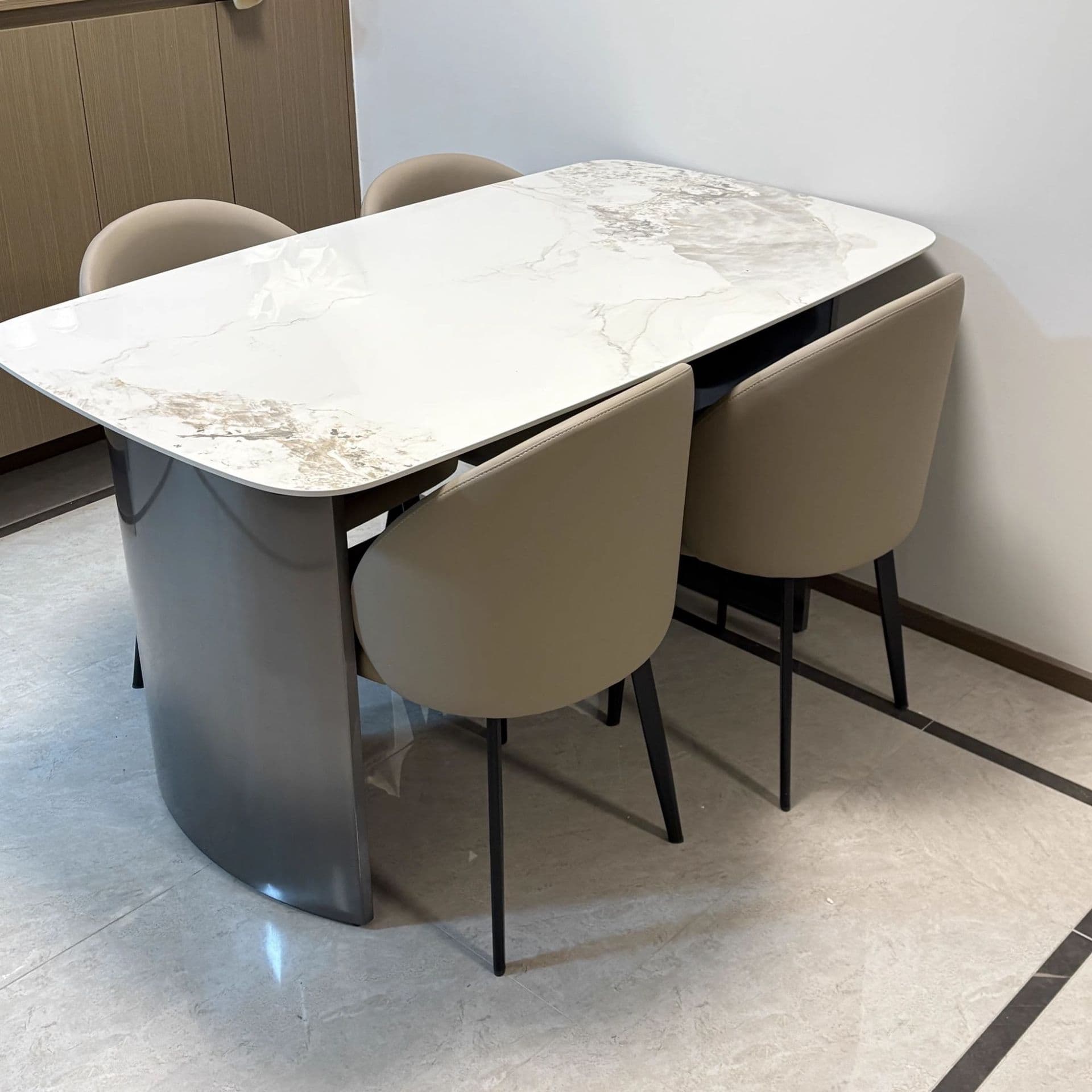 Retro Slate Dining Table Set with Dual-base, Upholstered Chairs, Back, and White Top thumbnail 3