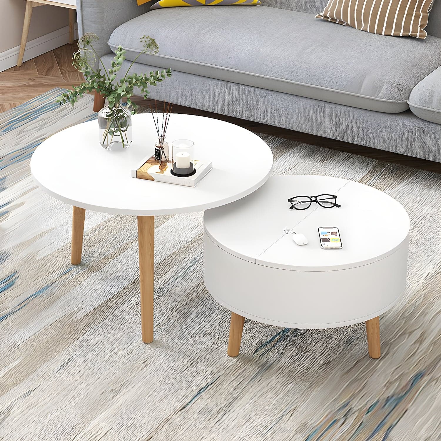 Round Solid Wood 3 Legs Coffee Table with Storage Drawers Modern Cocktail Table thumbnail 9