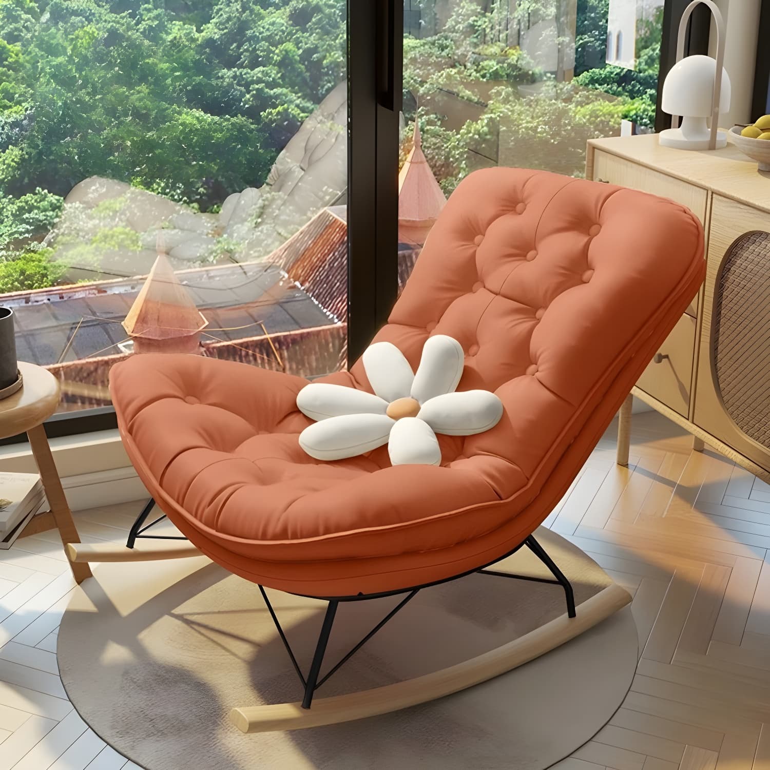 Contemporary Rocking Chair with Spindle Back, Tufted Upholstered and Wood Legs thumbnail 5