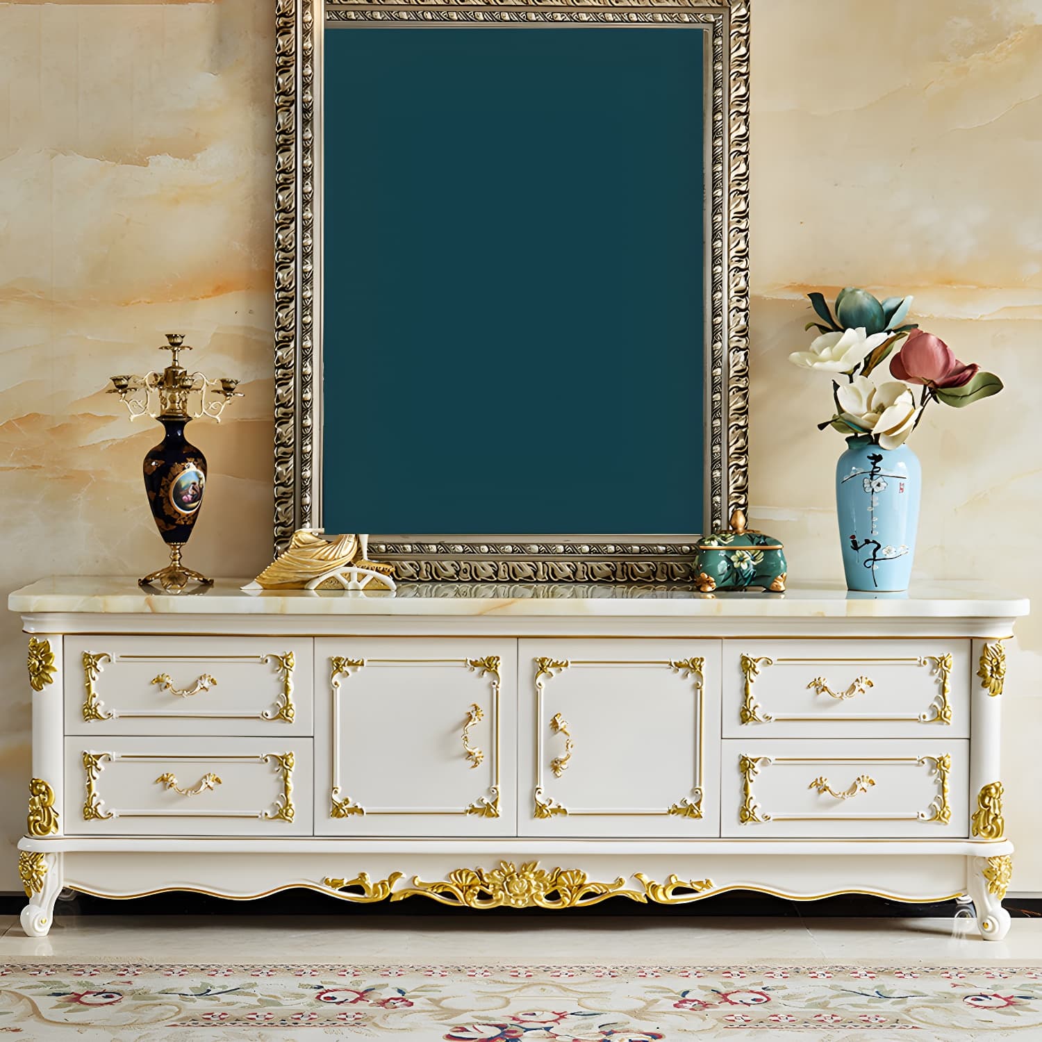 4 Drawers Contemporary Media Console Wood White TV Stand Console thumbnail 1