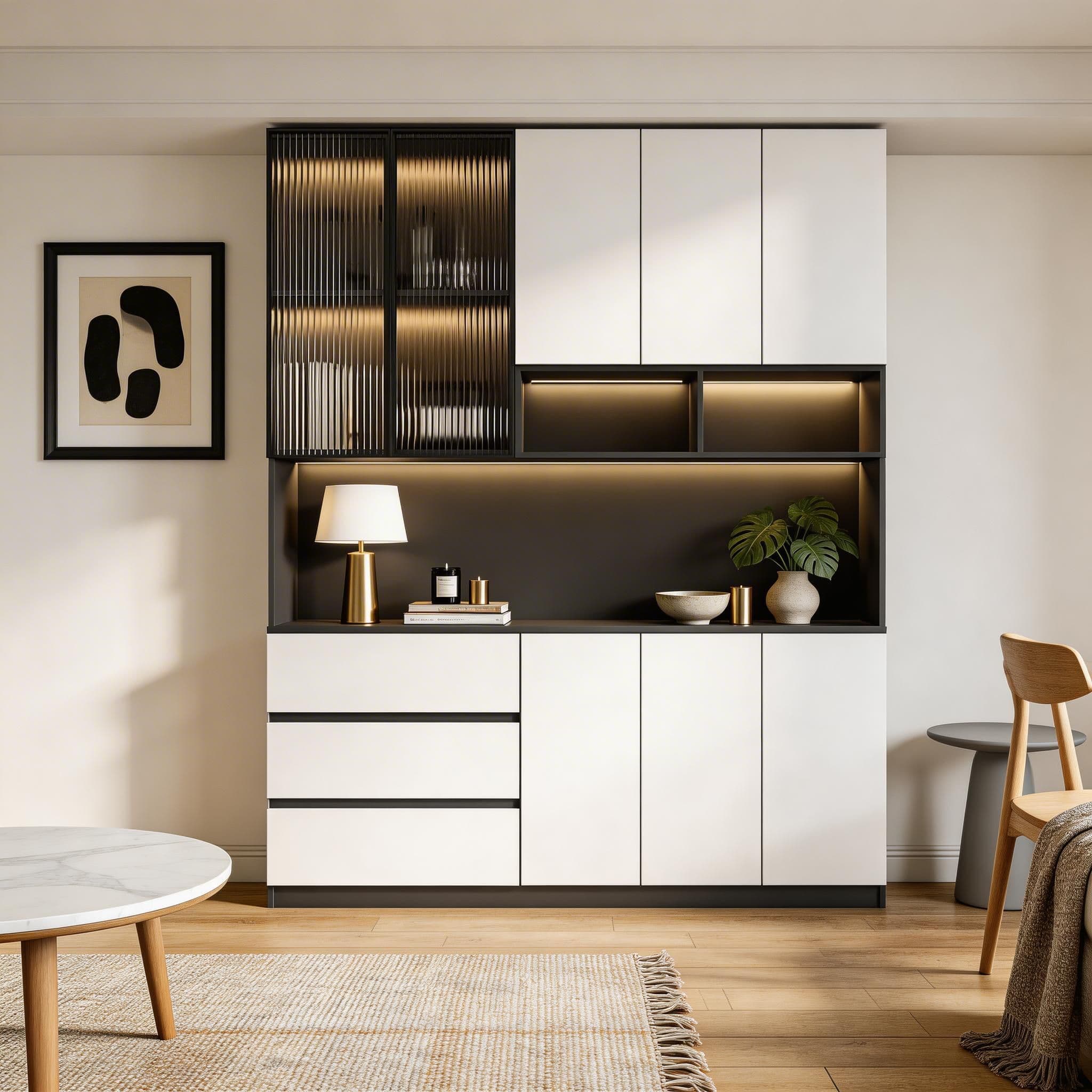 Trendy Sideboard with 3 Drawers, Cupboard, Wide/Standard/Narrow Sizes, 2/1 Shelves, Cabinets, and Glass-panel Door thumbnail 21