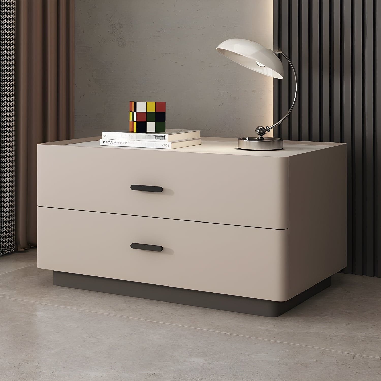 Elegant Two-Drawer Faux Leather Nightstand with Stone Countertop in Low Height for Modern Homes thumbnail 1