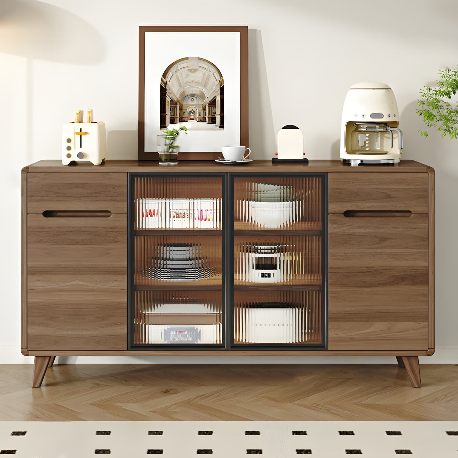 Contemporary Engineered Wood Free-standing Sideboard with Glass Door and Adjustable Shelves thumbnail 3