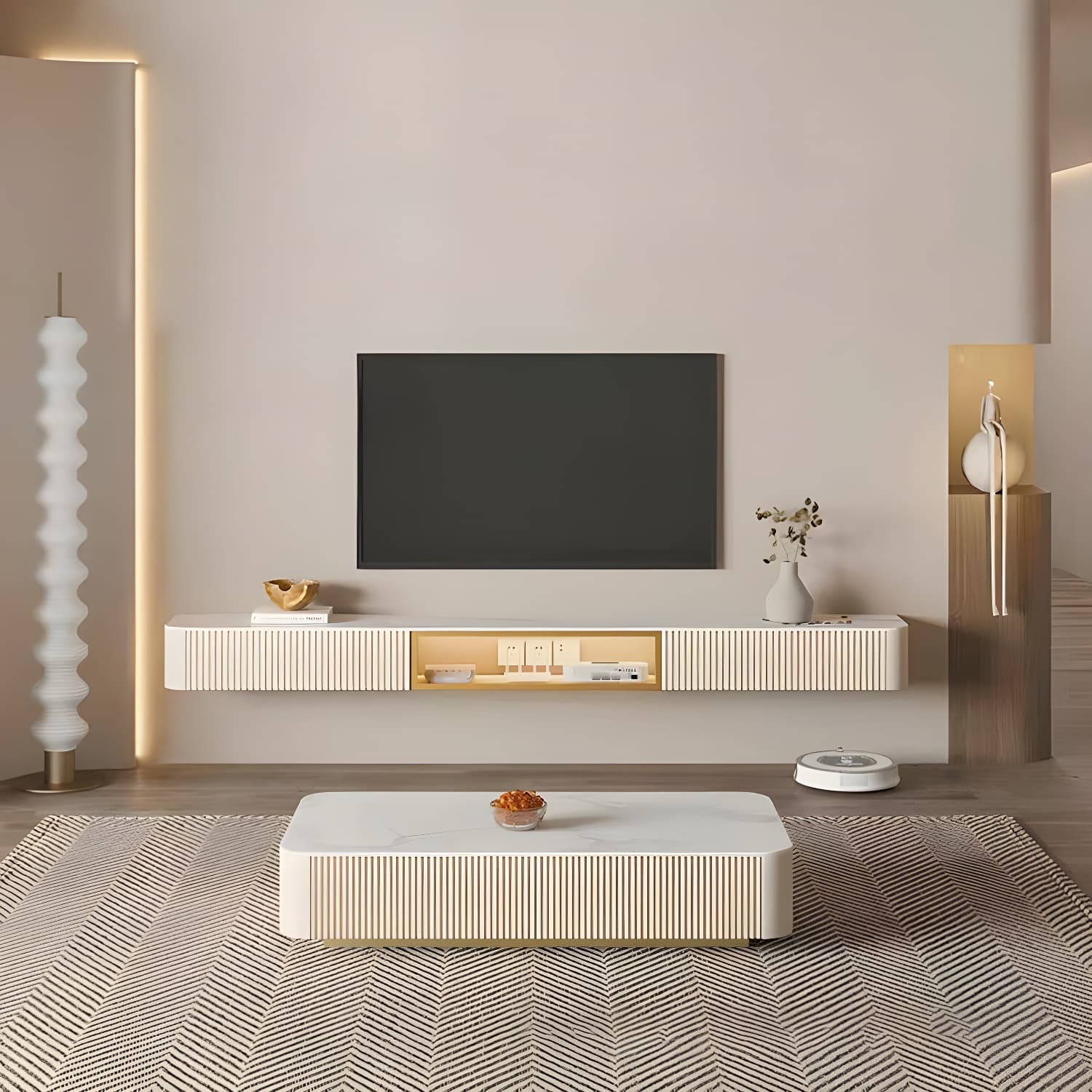 Contemporary TV Media Stand with Drawers Floating TV Stand Console thumbnail 2