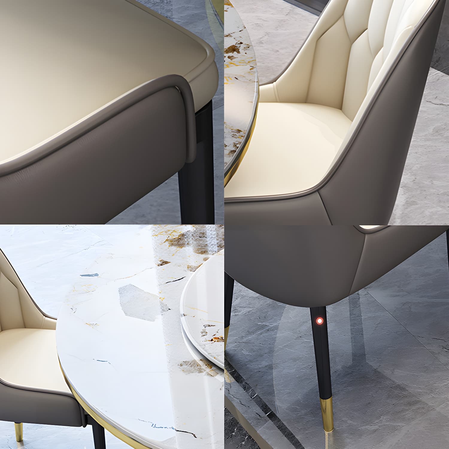 Glam Round Stone Dining Set in White - Fixed Table with Black Metal Pedestal Base thumbnail 11
