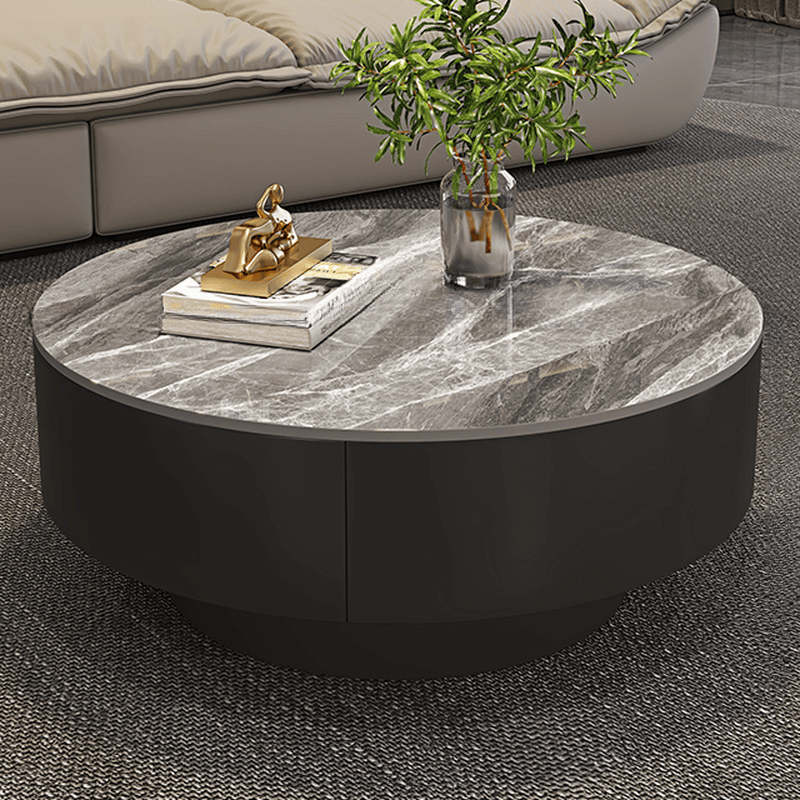 Single/Nesting Round Slate Coffee Table with Drum Base and Drawer