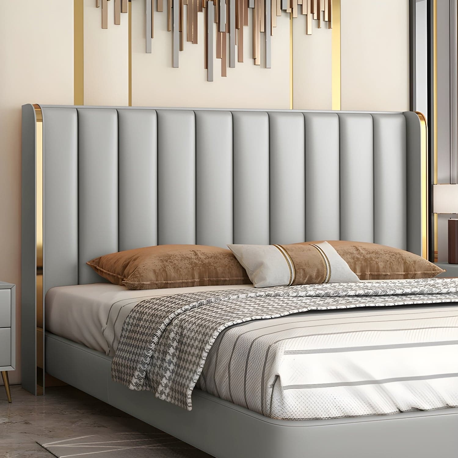 Modern Upholstered Leather Wingback Headboard with Wood Legs and Rectangular Shape thumbnail 4