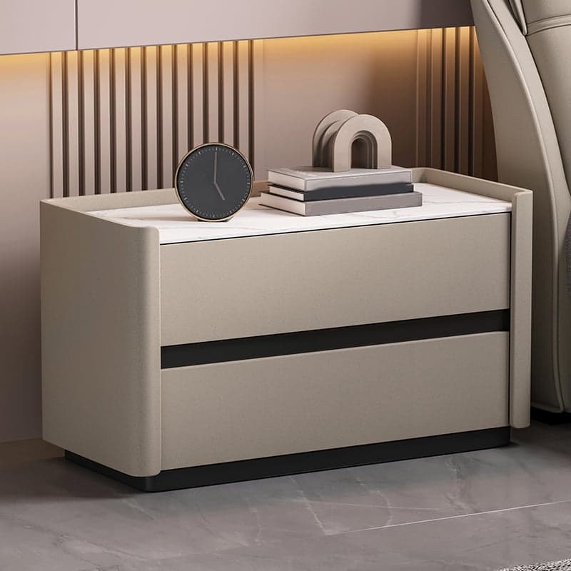 Modern Faux Leather Nightstand with 2 Drawers in Stone Countertop thumbnail 4