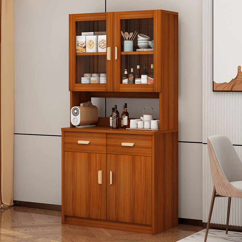 Modern Glass Doors Freestanding Wood Countertop Sideboard with Kitchen Appliance Storage