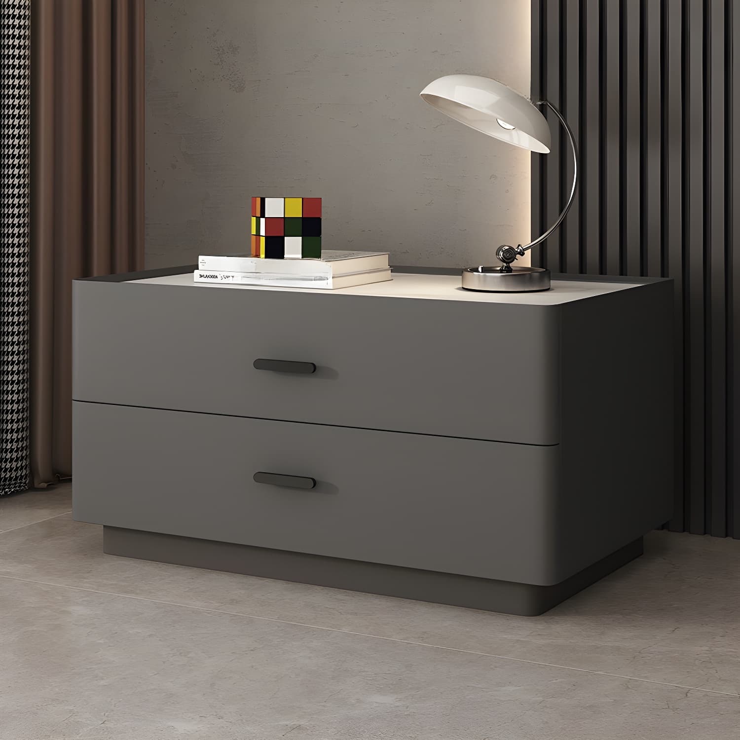 Elegant Two-Drawer Faux Leather Nightstand with Stone Countertop in Low Height for Modern Homes thumbnail 3