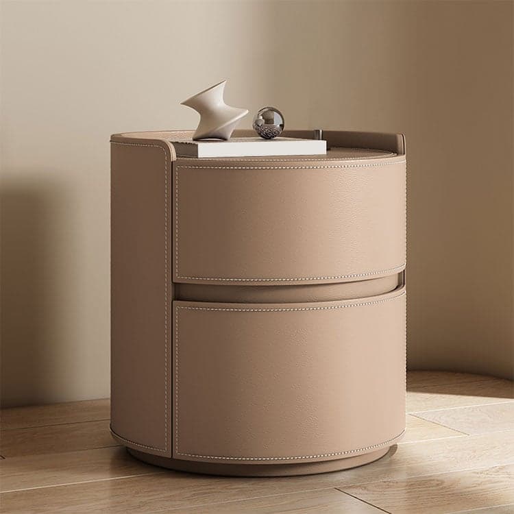 Chic Modern Round Nightstand with Light Wood Tone Faux Leather and Numerate Two Drawer Storage thumbnail 5