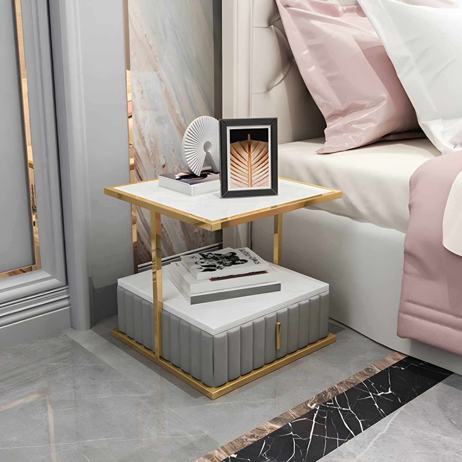 Modern Open Storage Nightstand Stone Top 20 Inch Tall 1-Drawer Night Table thumbnail 11