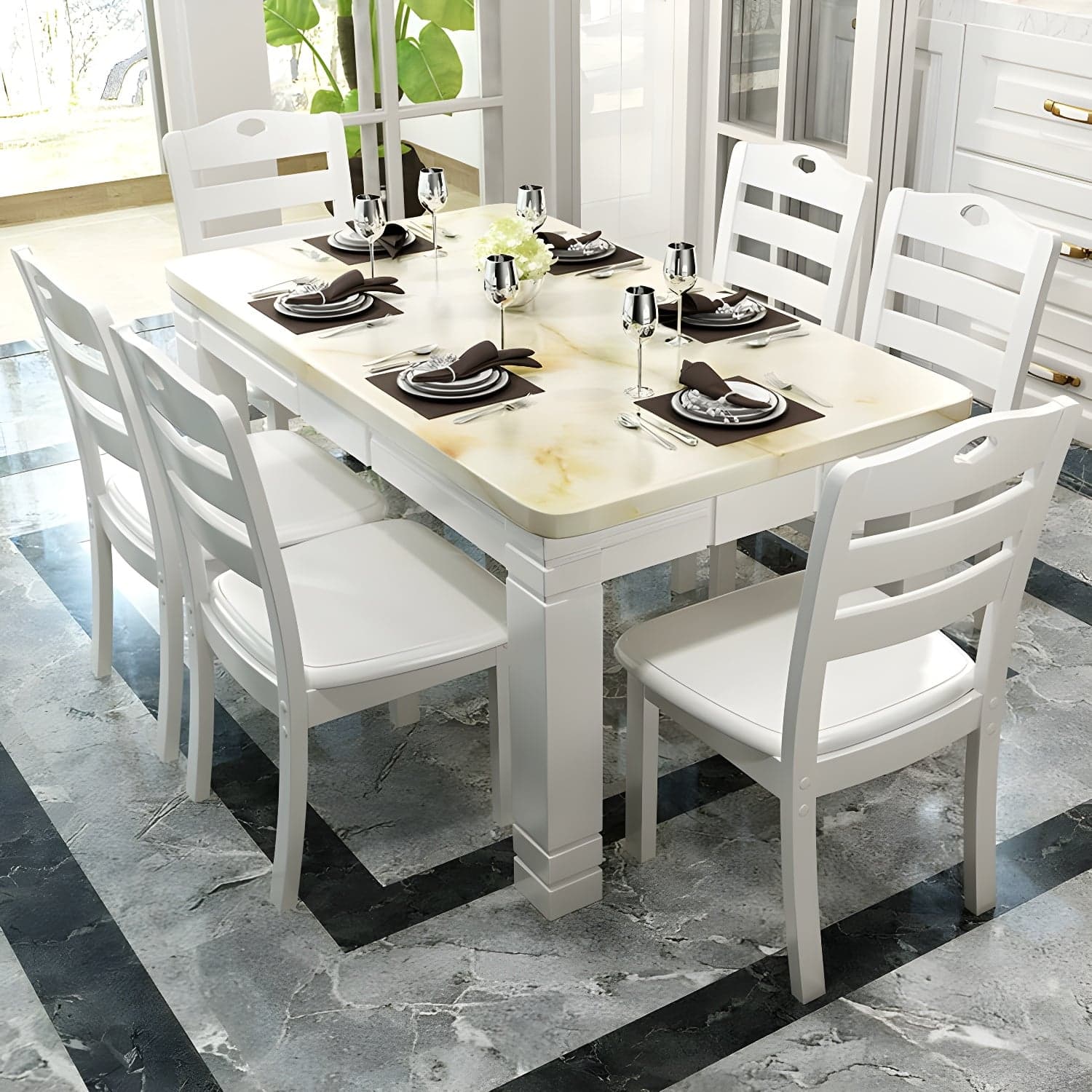 7 Piece Contemporary Rectangle Shape Dining Table Set with Chair thumbnail 4