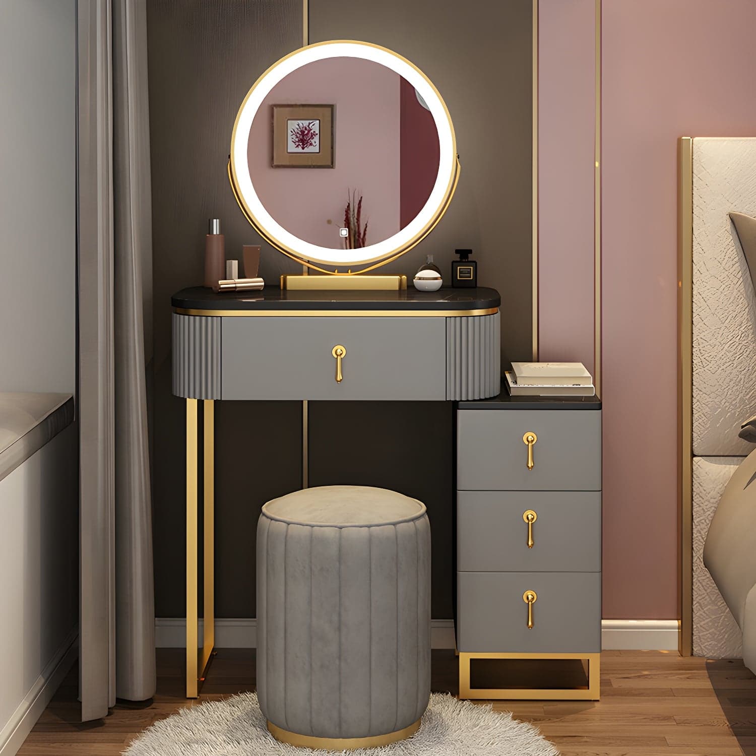 Lighted Mirror Makeup Vanity Desk with 4 Drawers Glam Makeup Vanity Set thumbnail 1
