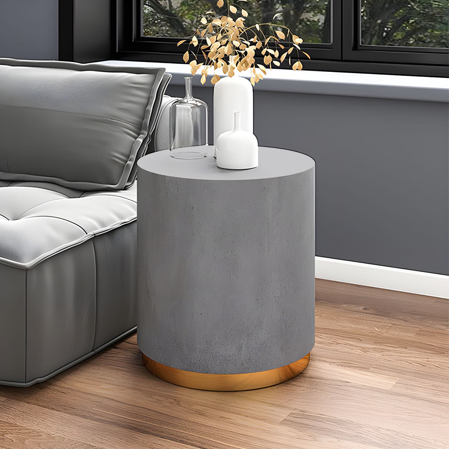 Drum Base Design Black/grey Faux Concrete Top Metal Base Round Coffee Table thumbnail 15