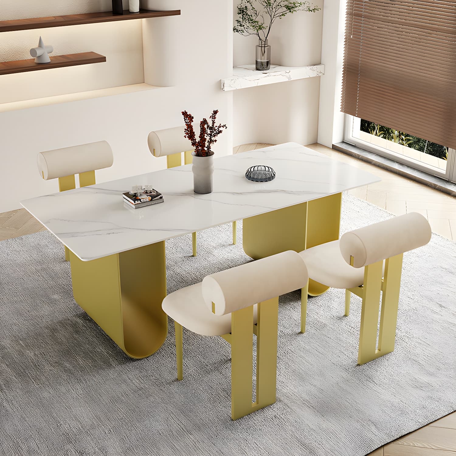 Nordic Rectangle Stone Dining Table 1/5 Pieces Dining Set for Dining Room thumbnail 1