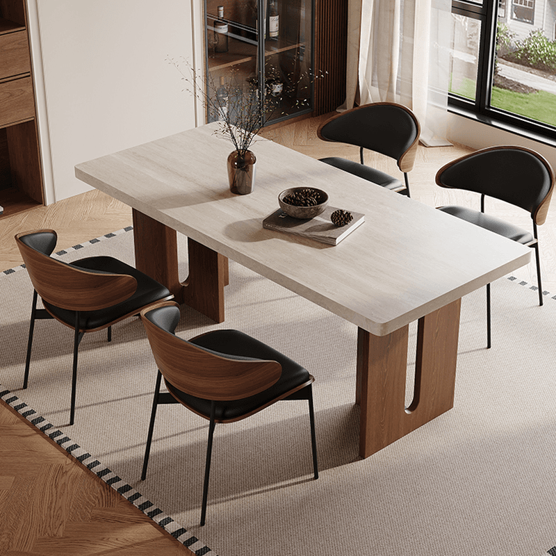 Minimalist Rectangular Slate Stone Dining Table Set with Two-sided Pedestal in Ivory thumbnail 4