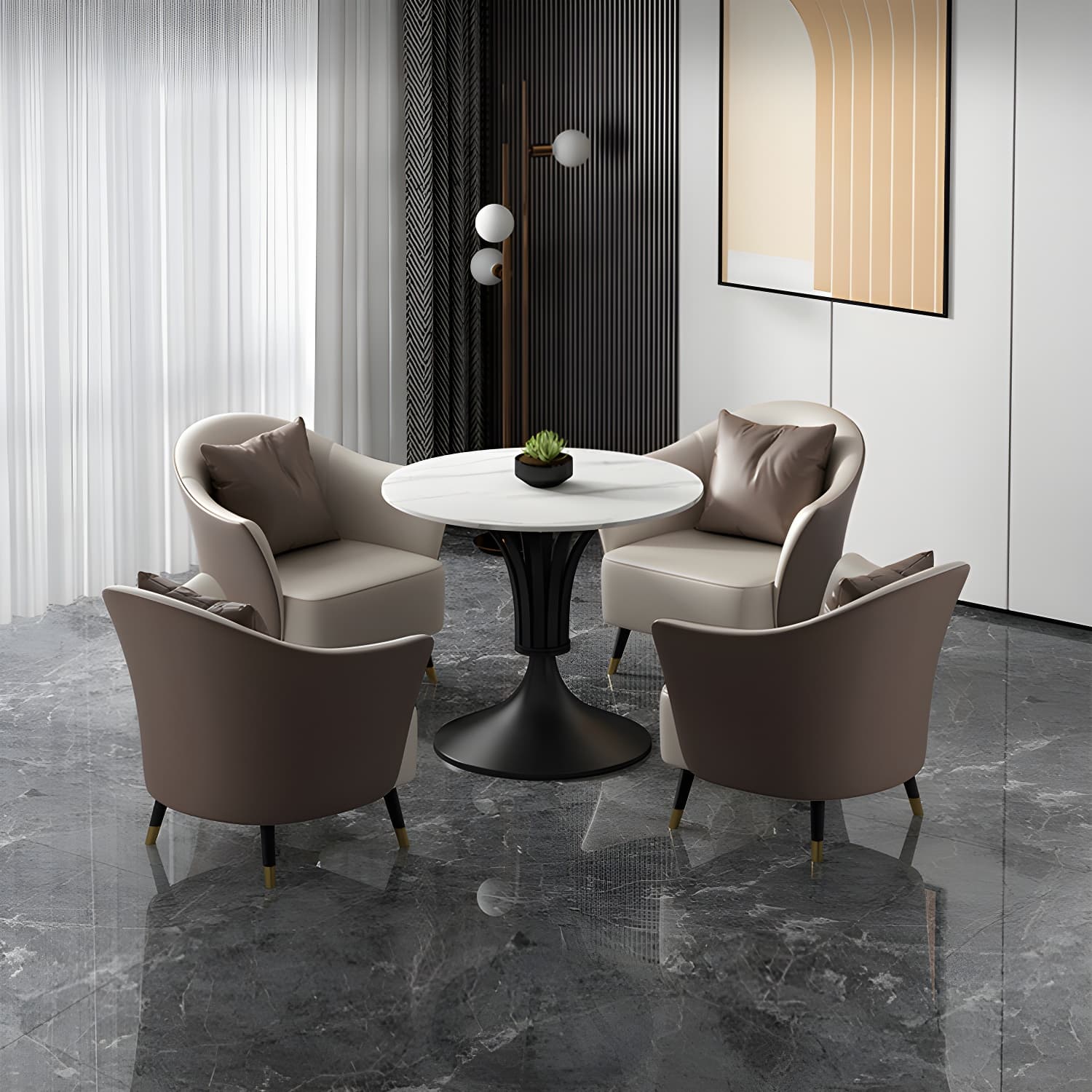 Metal Glam Dining Set with Padded Chairs 1/2/3/5 Pcs White Stone Dining Table Set thumbnail 4