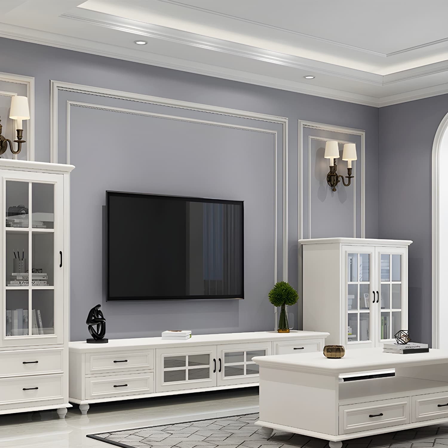 Modern Wood TV Stand with Drawers, Shelves, and Legs - Low Height - Cable Management thumbnail 6