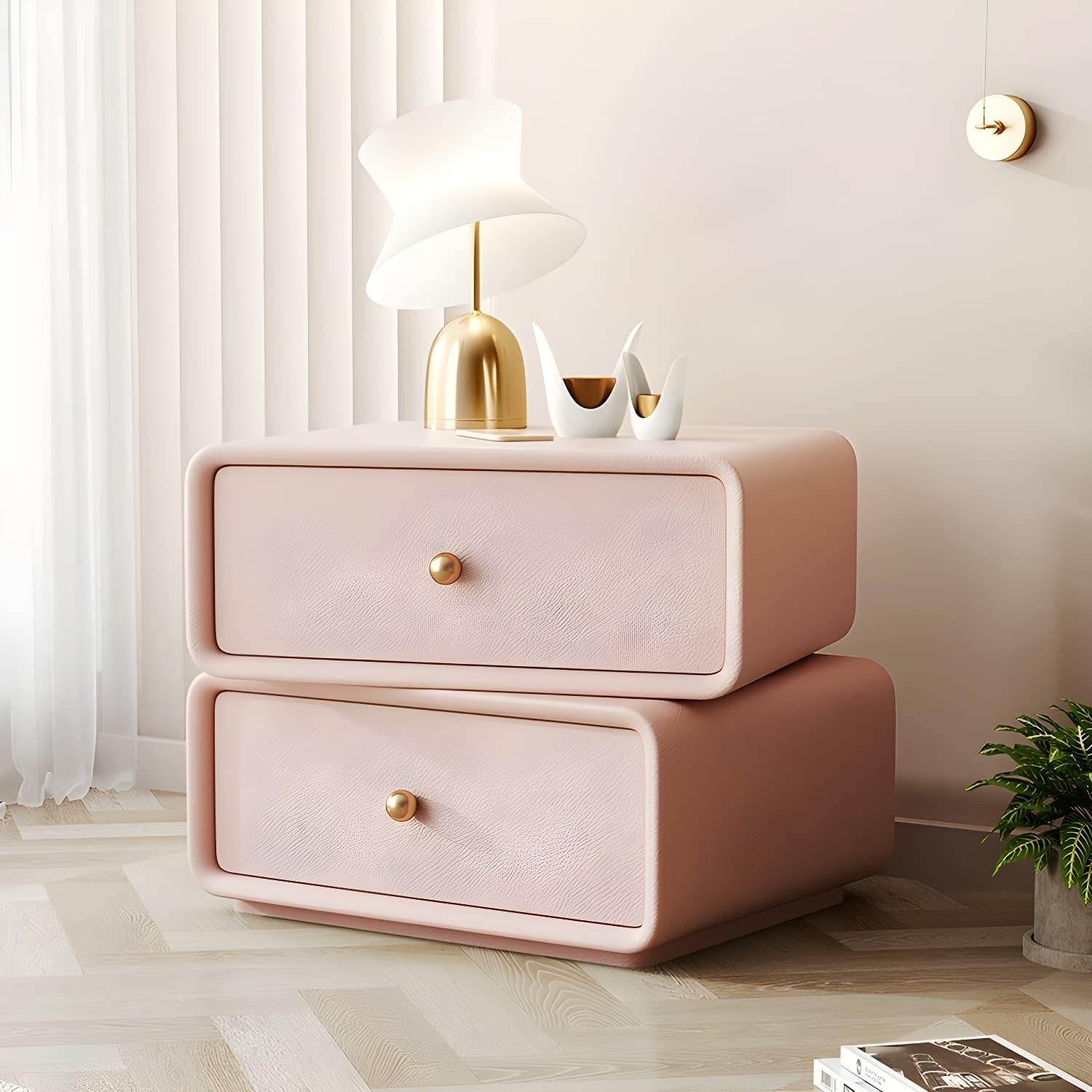 Modern Wood Nightstand with 2 Drawers - Faux Leather Countertop - Small and Stylish thumbnail 7