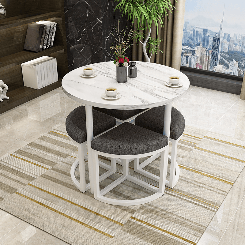 Reclaimed Wood Round Dining Table Set with Metal Toboggan Base and Upholstered Backless Chairs for 4 People thumbnail 22
