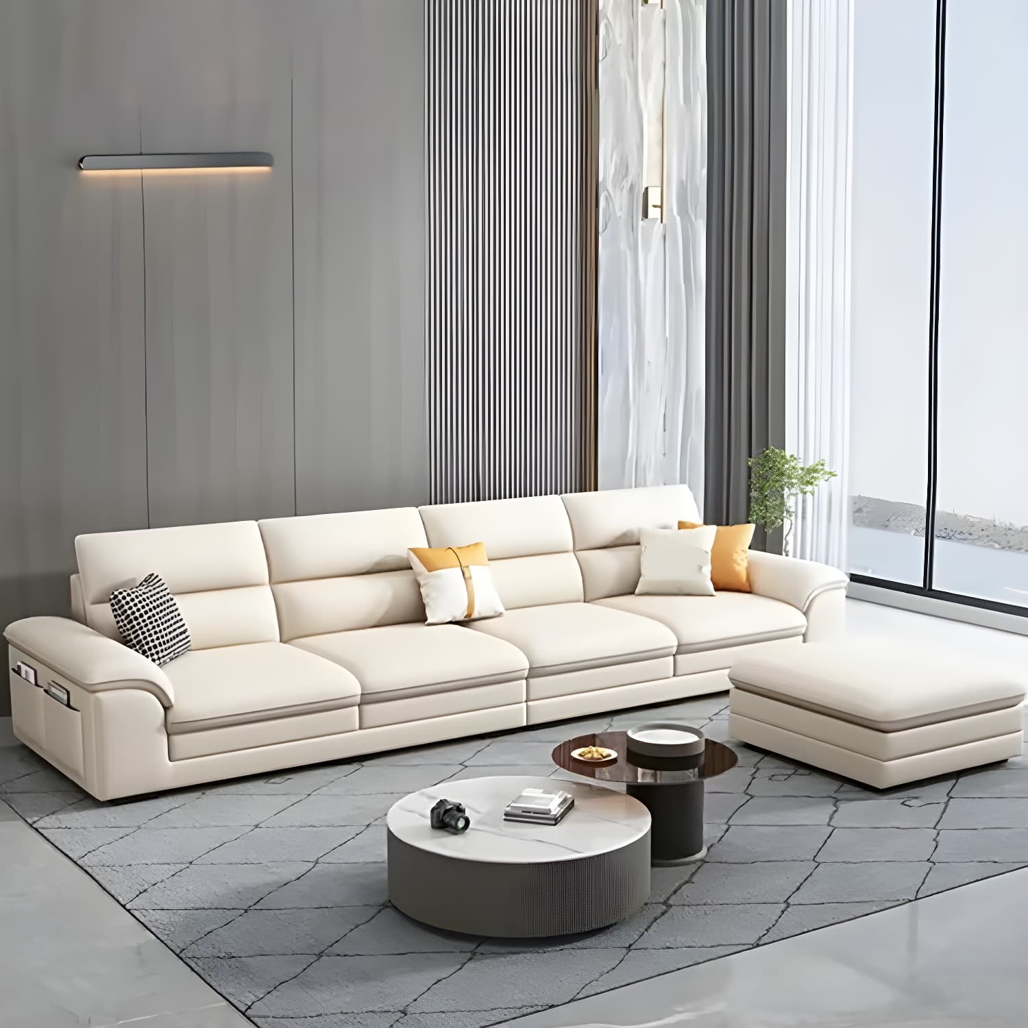 Modern Beige Stationary Sectional Sofa in Scratching Cloth with Wood Frame and Pillow Top Arms thumbnail 4