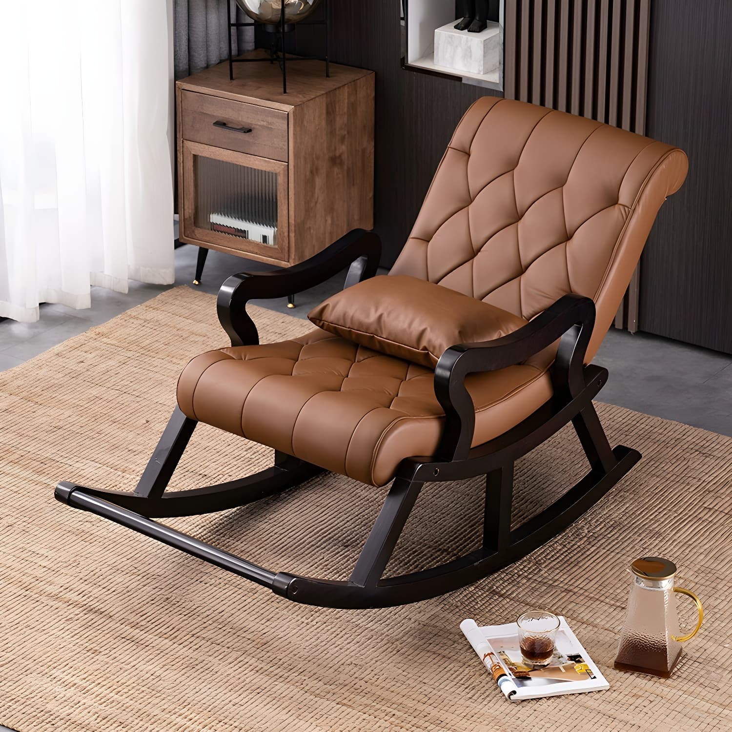 49" Wide Solid Wood Faux Leather Rocking Accent Chair with Legs thumbnail 5