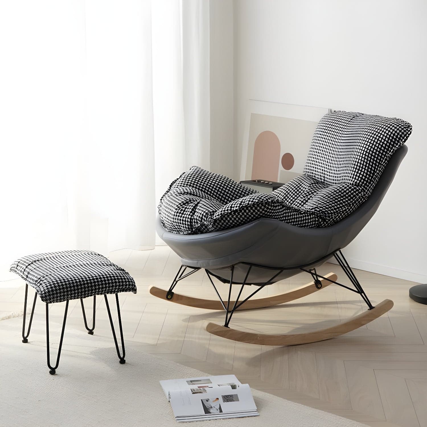Modern Upholstered Rocking Chair with Ottoman Set - Natural Wood Legs thumbnail 4