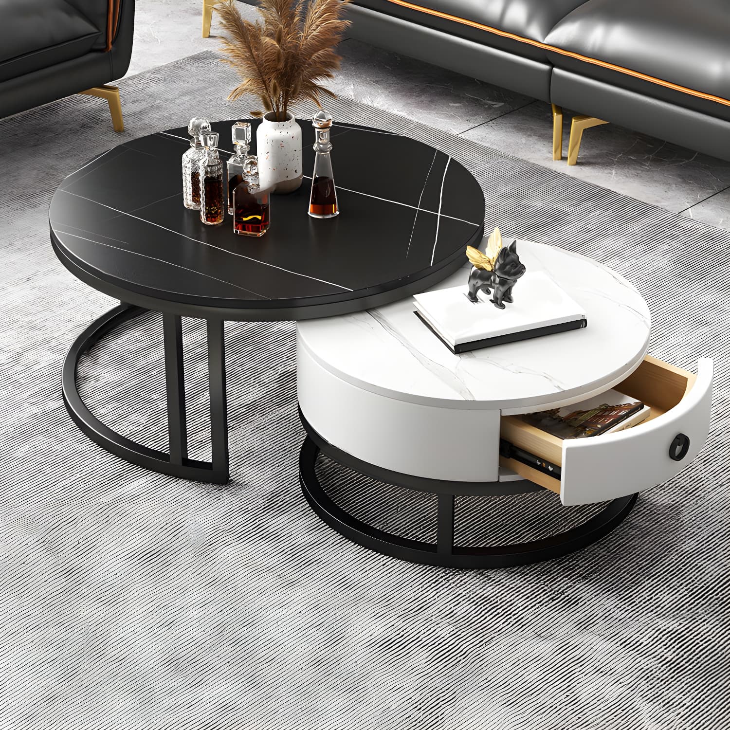 Modern Nesting Coffee Table Set Frame Round Coffee Table Set with Drawer thumbnail 2