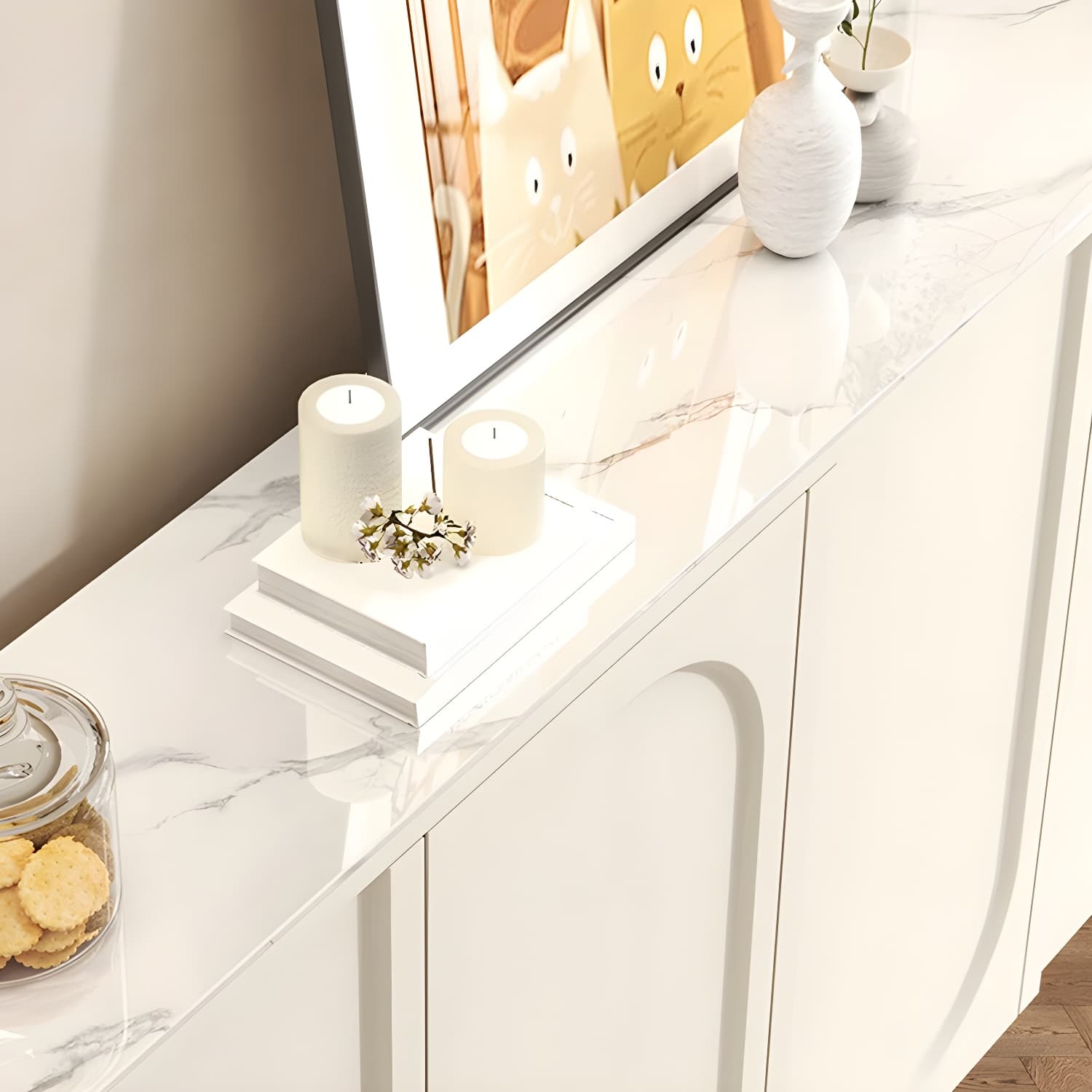 Scandinavian Wood Sideboard Cabinet with Stone Countertop, Adjustable Shelves - image 11