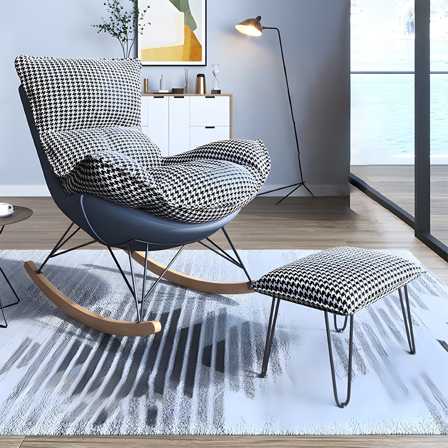Contemporary Rocker Chair Antique Finish Rocking Chair with Ottoman thumbnail 3