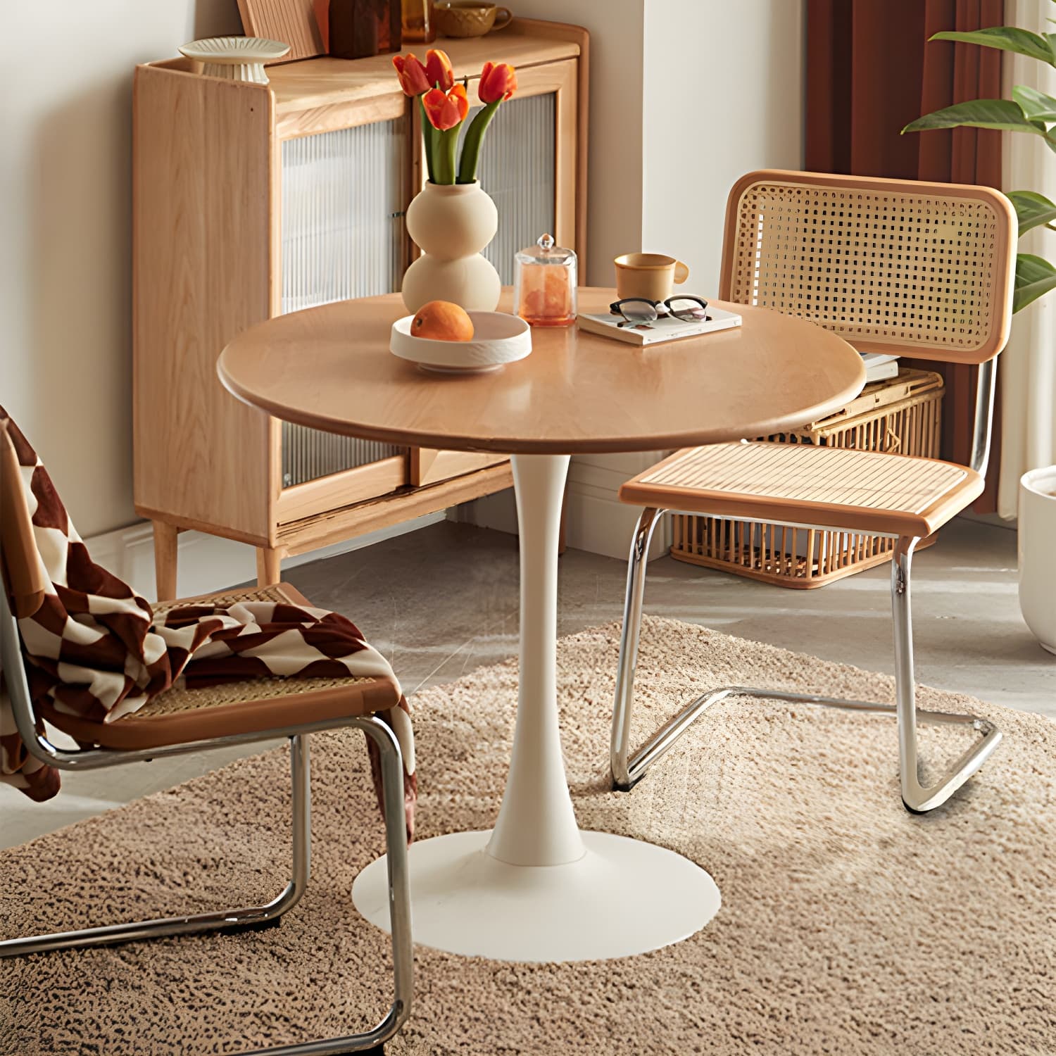 White Round Wood Dining Table with Steel Tulip Base, Modern Design thumbnail 7