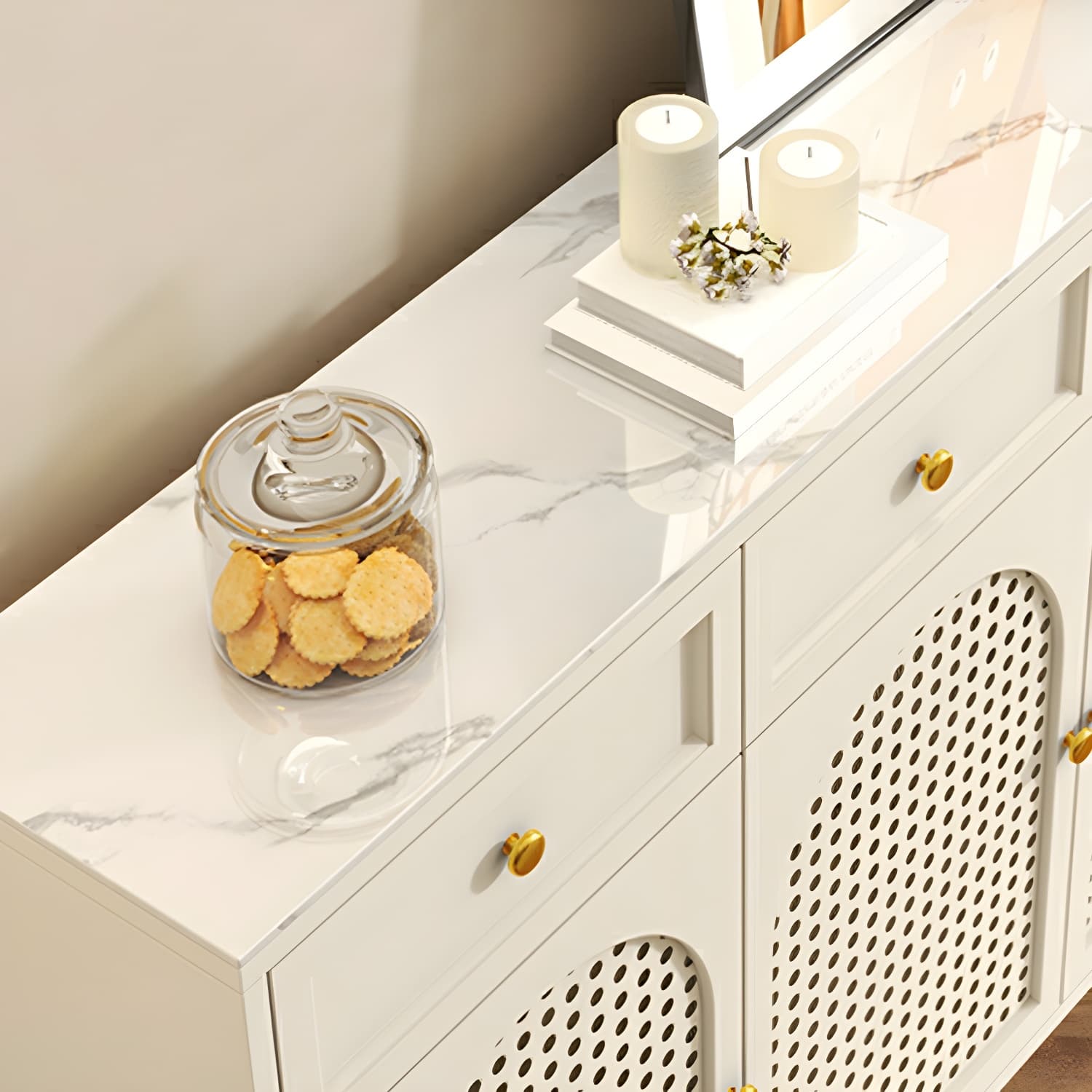 Rustic Wood Buffet Cabinet with Stone Countertop and Adjustable Shelves thumbnail 7