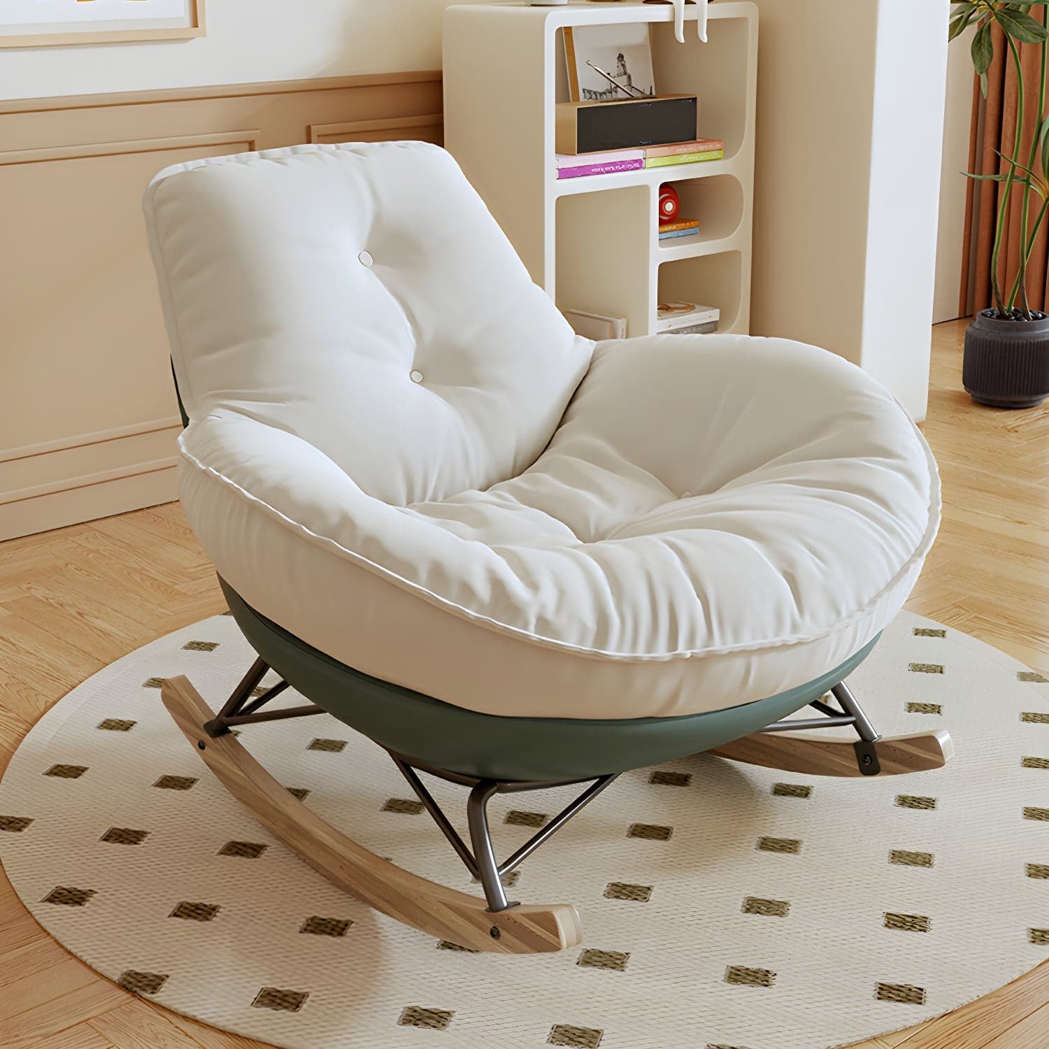 Indoor Contemporary Rocking Chair with Beige Upholstered and Wood Legs thumbnail 2