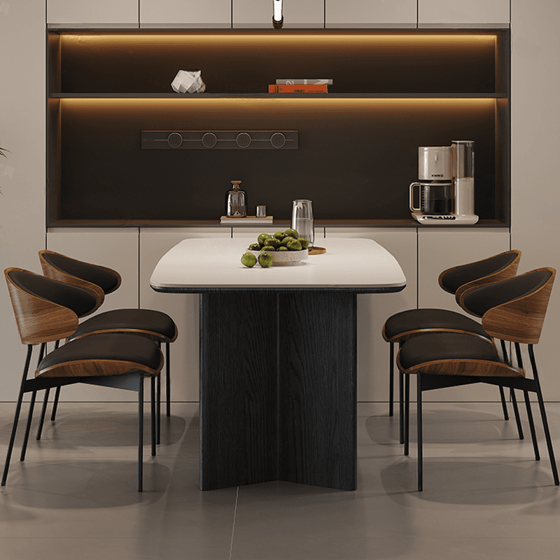 Minimalist Dining Table Set with Two-sided Pedestal, Fixed Table, Padded Chair with Back, and White Table Top thumbnail 1