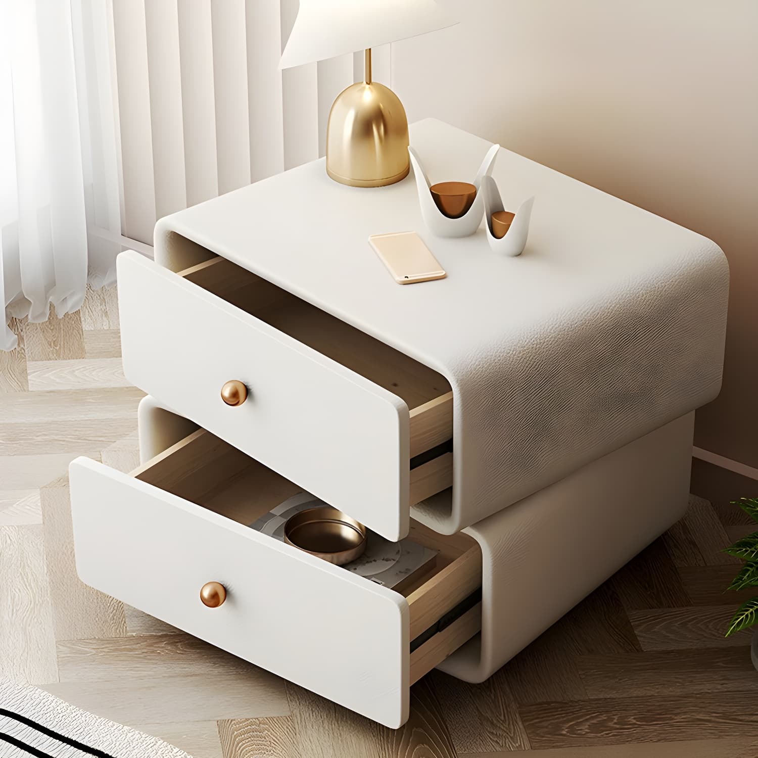 Modern Wood Nightstand with 2 Drawers - Faux Leather Countertop - Small and Stylish thumbnail 10