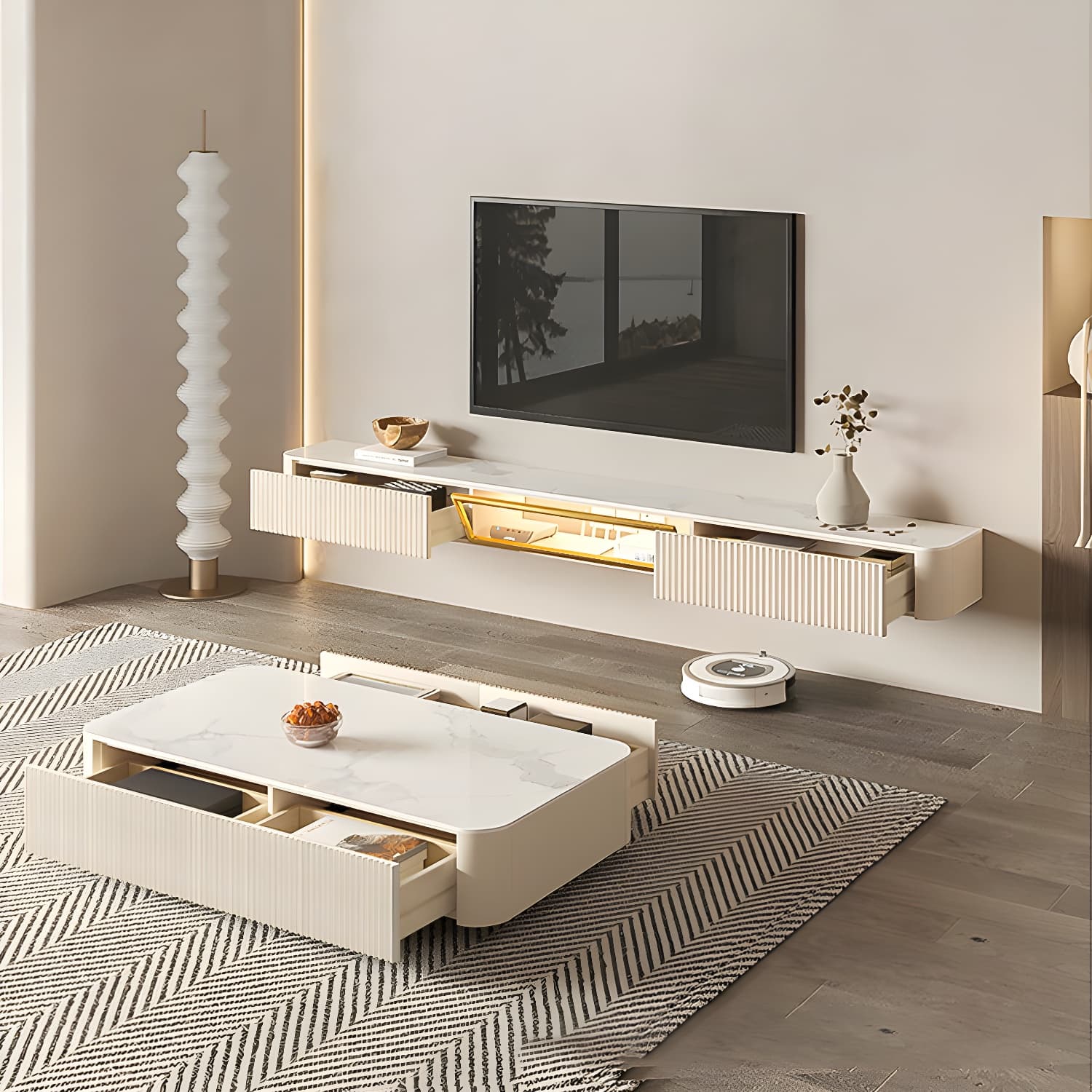 Contemporary TV Media Stand with Drawers Floating TV Stand Console thumbnail 1