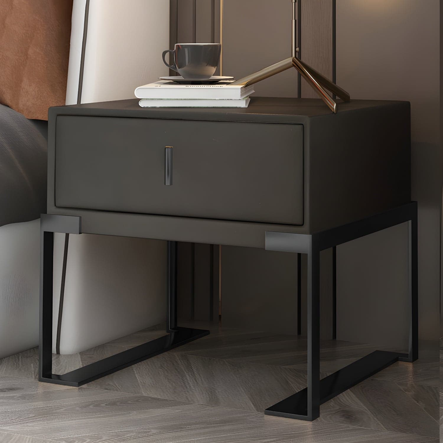 Faux Leather Nightstand 1-Drawer 21 Inch Tall Modern Legs Included Night Table thumbnail 2