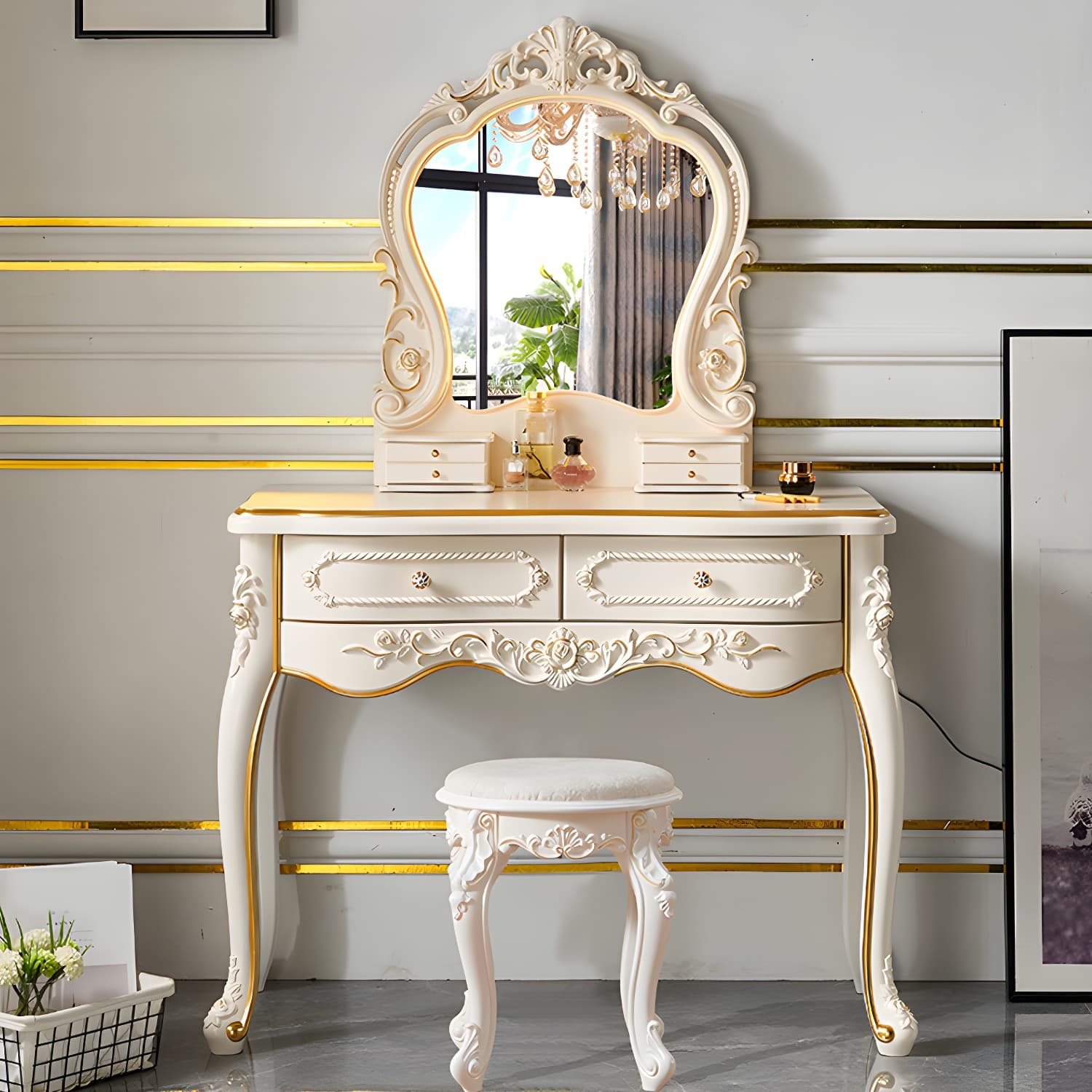 White Victorian Wood Vanity Dressing Table with Drawers Mirrored Makeup Vanity thumbnail 5