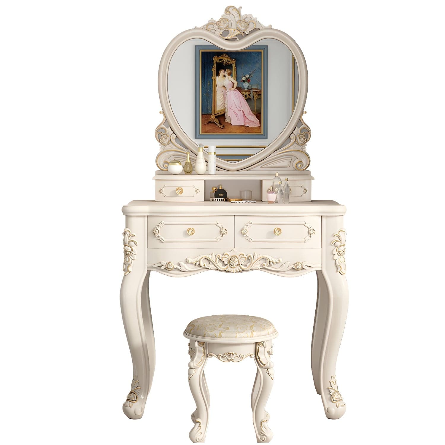 Elegant White Victorian Makeup Vanity Set with Wood Top & Mirror & Drawers & Upholstered Chair thumbnail 5