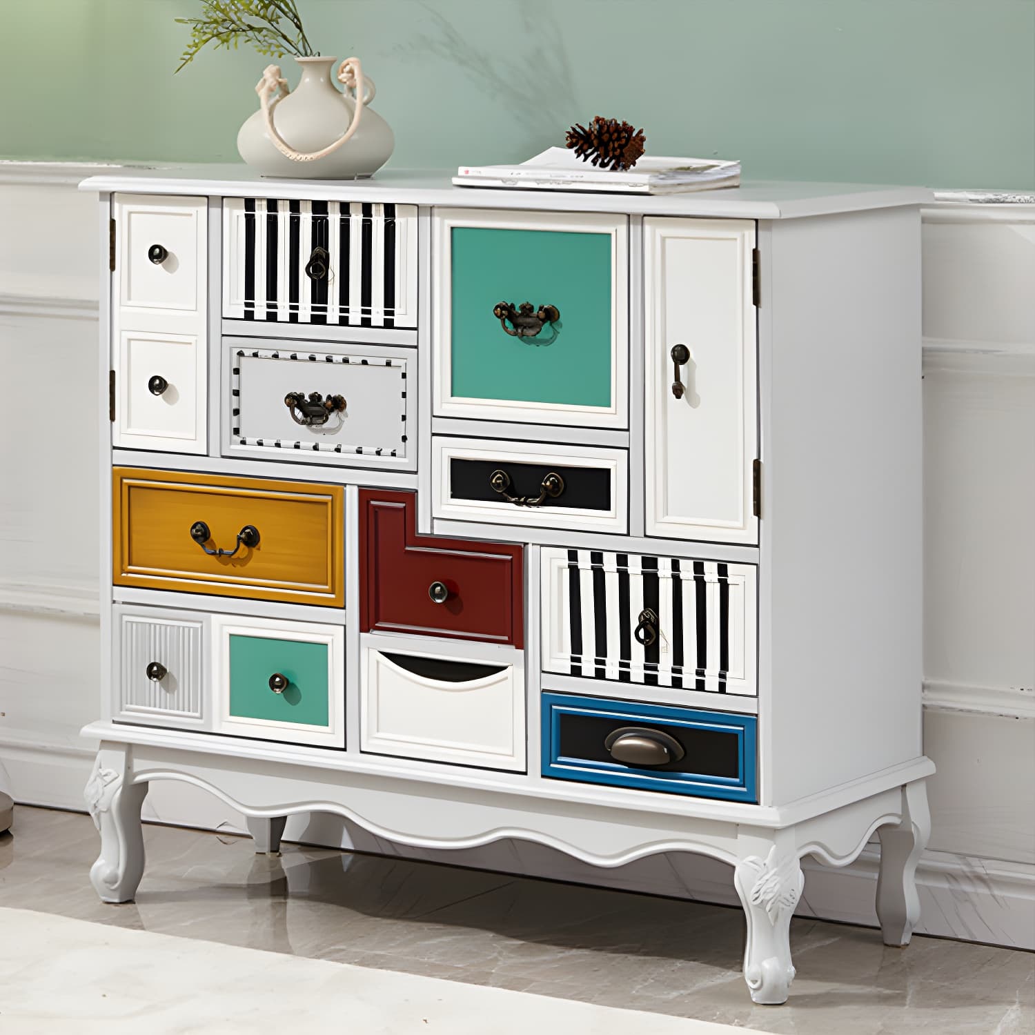 Industrial Painted Accent Cabinet with Drawers Solid Wood Chest thumbnail 15