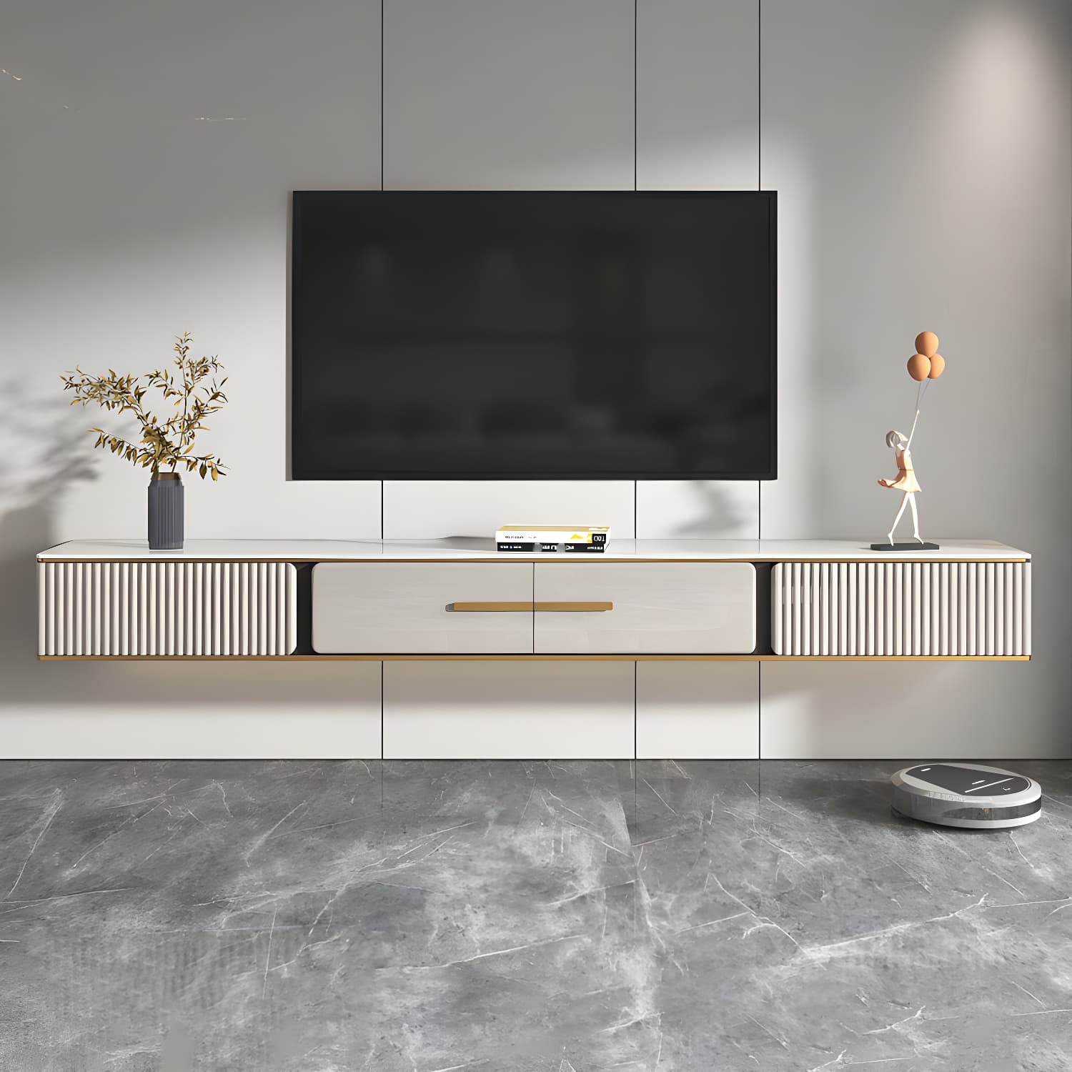 2 Drawers Contemporary TV Stand Stone Wall-mounted TV Cabinet thumbnail 7