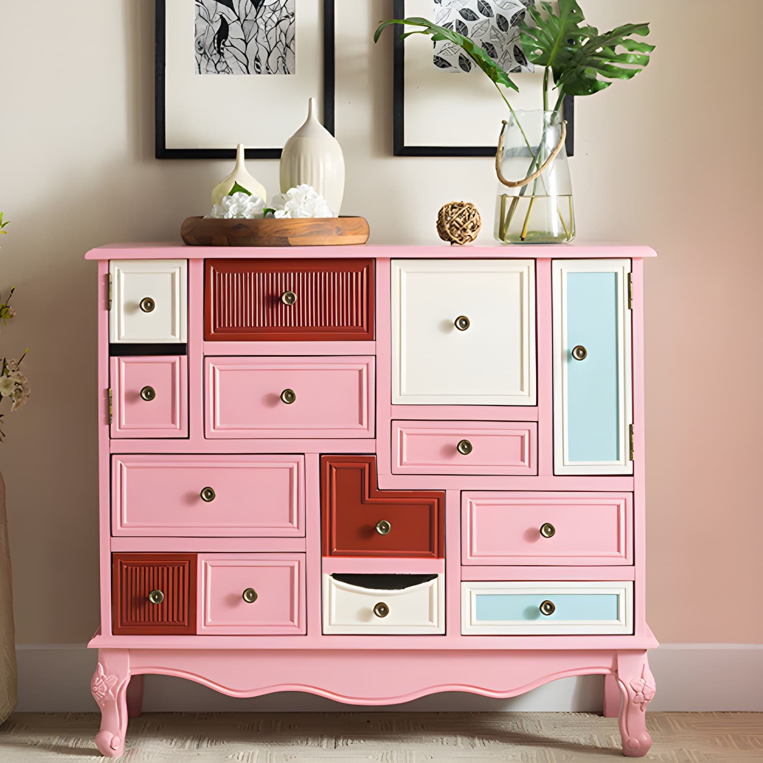 Industrial Painted Accent Cabinet with Drawers Solid Wood Chest thumbnail 25