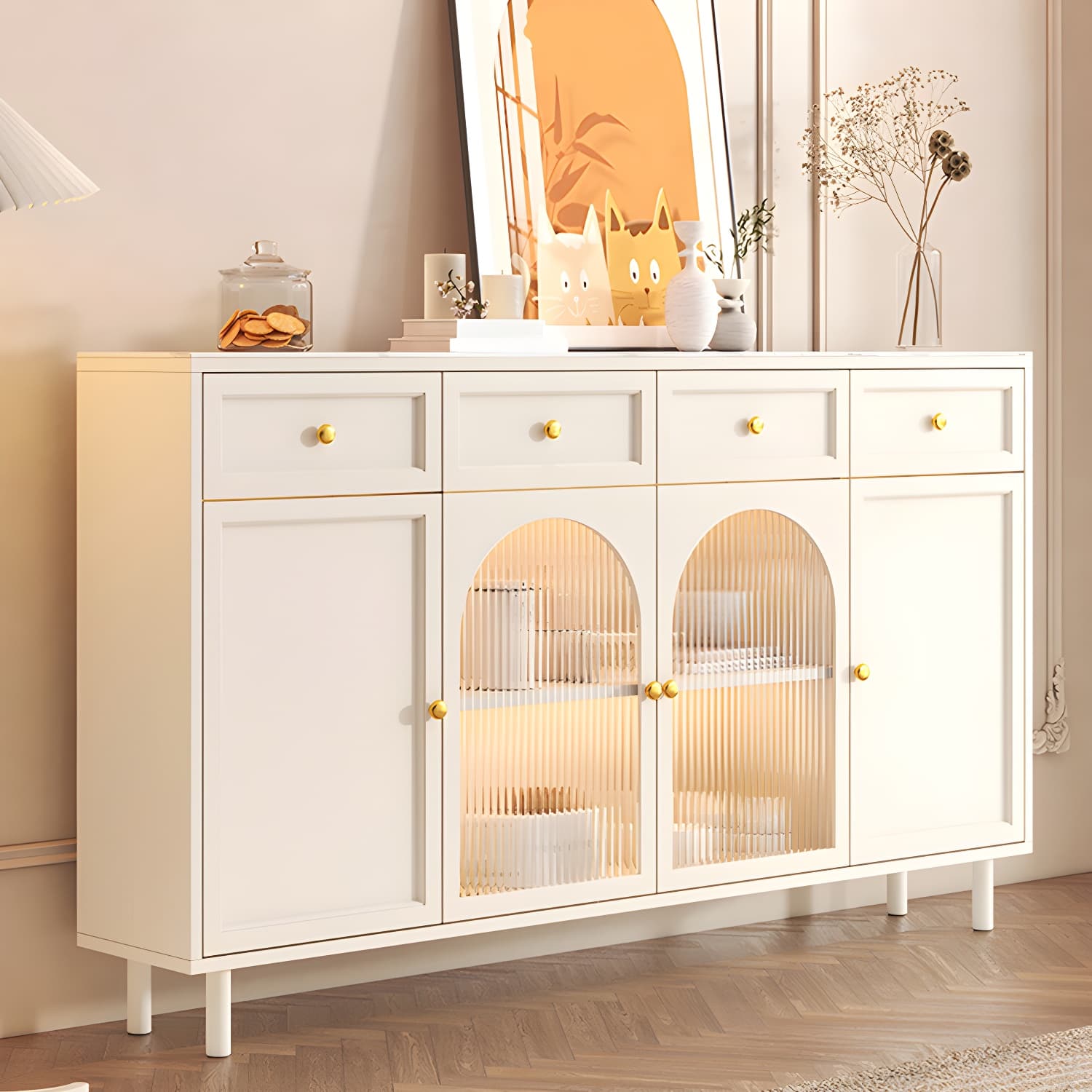 Wooden Buffet Server with Stone Countertop, Glass Doors, and Drawers thumbnail 4