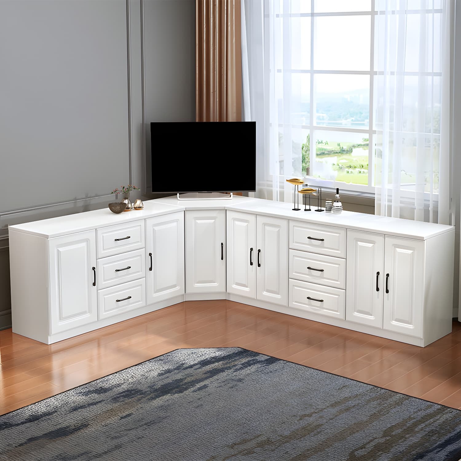 Modern Solid Wood Corner TV Stand Console with 6 - Drawer - 27.56" thumbnail 10