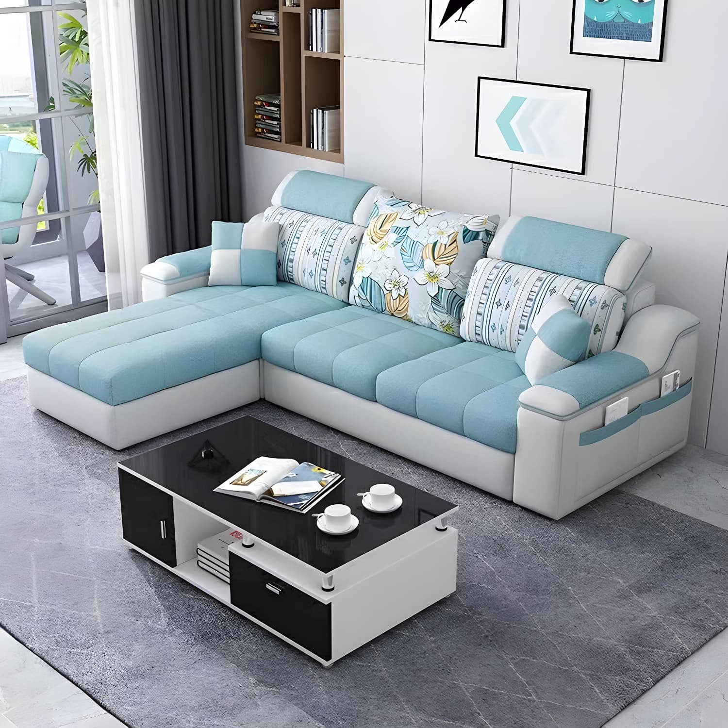 Reversible L-Shape Scandinavian Sectional Sofa with Ottoman and Adjustable Headrest in 2 Piece Set thumbnail 10