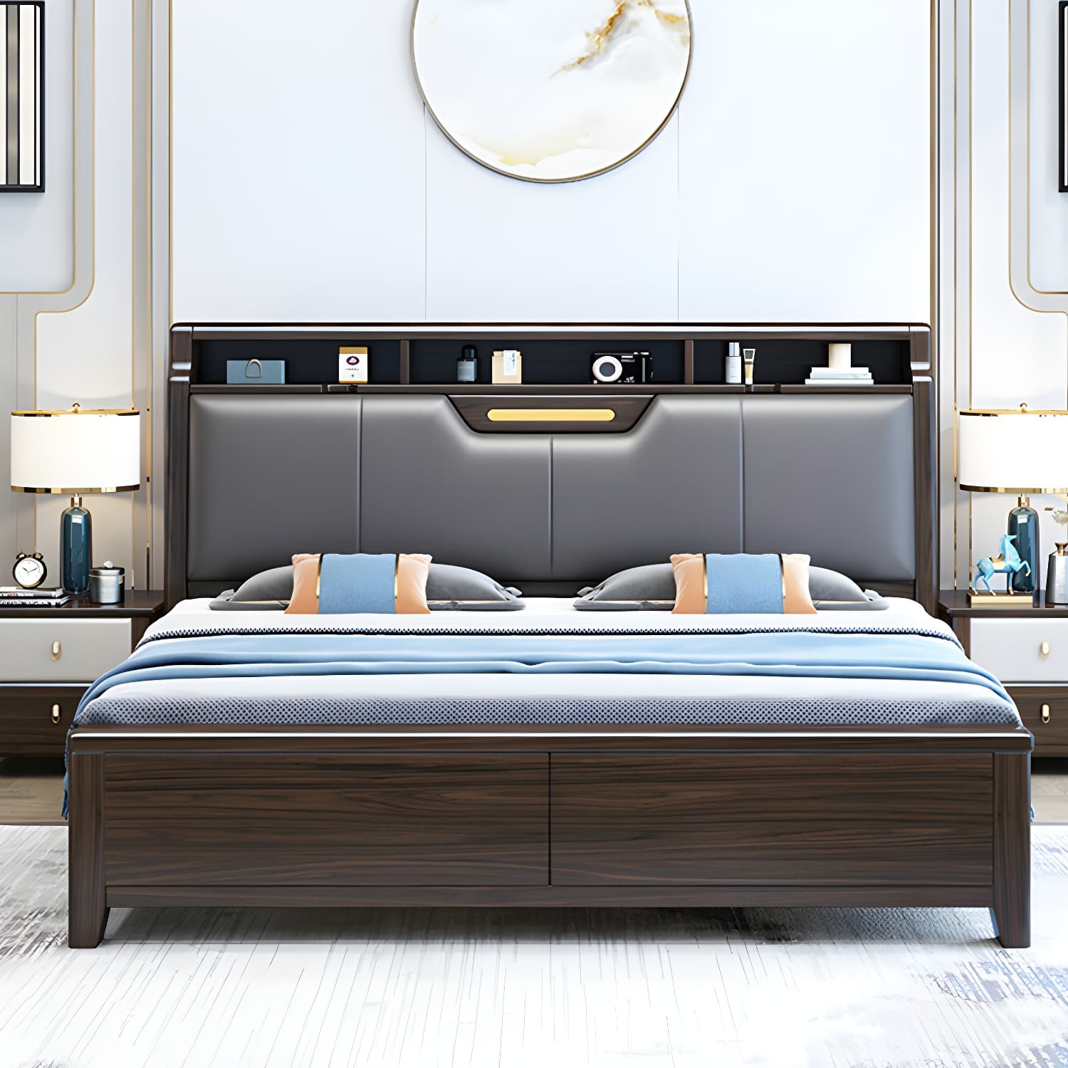 Brown Upholstery Wood Bed with Headboard – Modern Style, Full Assembly Needed thumbnail 1