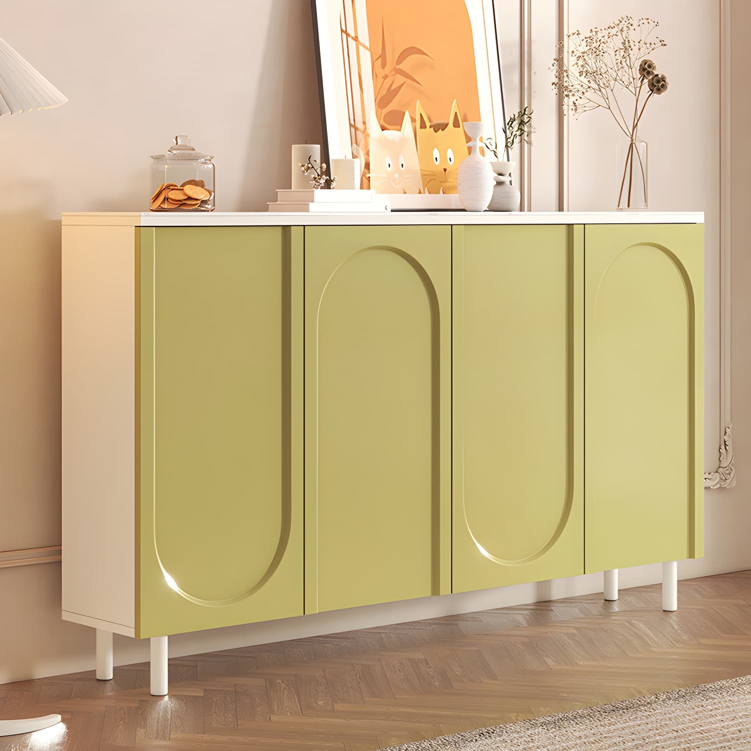Scandinavian Wood Buffet Sideboard with Stone Countertop and Adjustable Shelves thumbnail 5